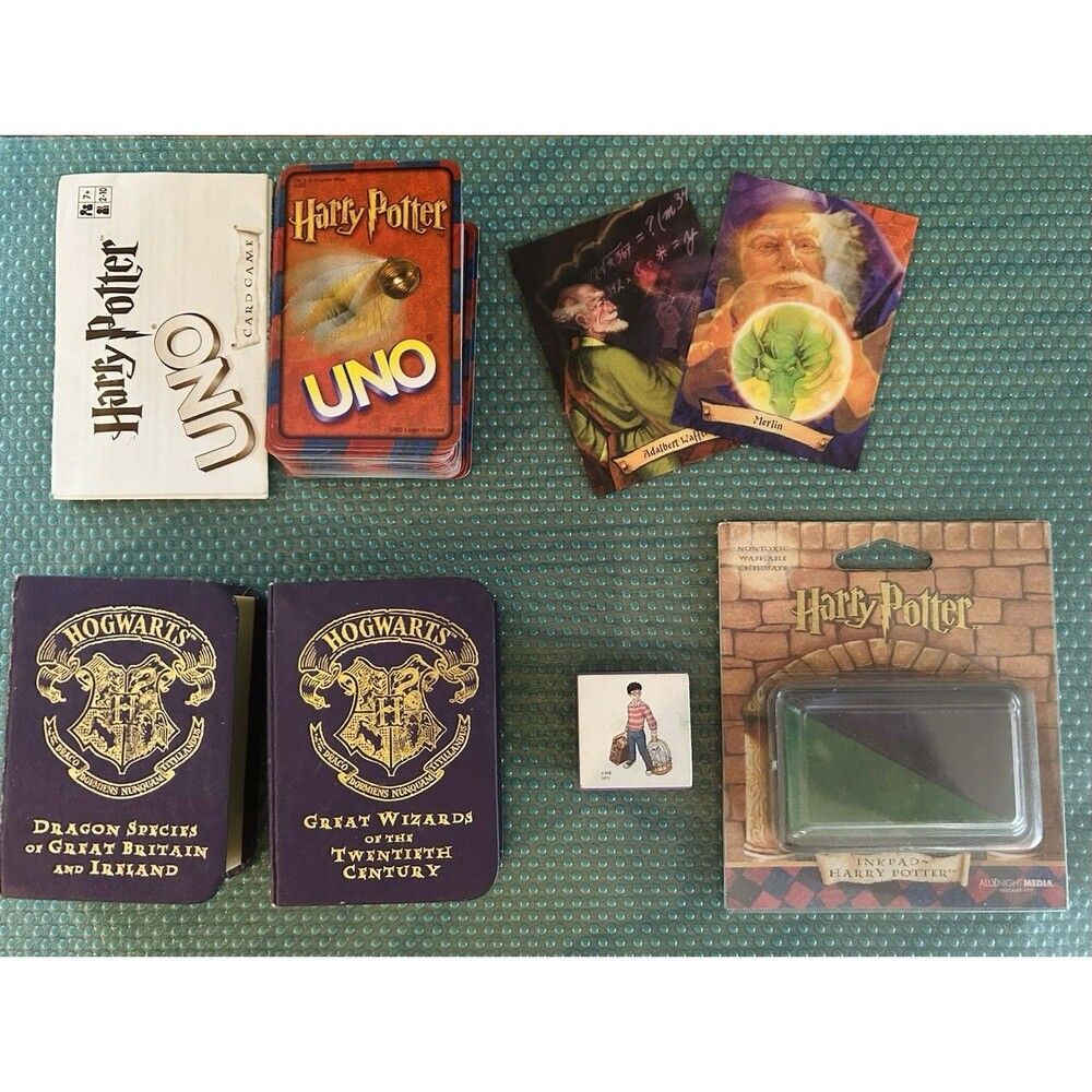 Lot of Vintage Harry Potter Uno Game, Trading Cards, Ink Pad, Toy Books 2001